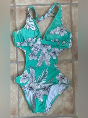Venus teal floral open side back monokini swimsuit, adjustable straps; size 4